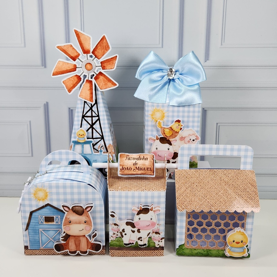 Fazendinha Aquarela Azul e Rosa Caixinhas Personalizadas para lembrancinhas de festa