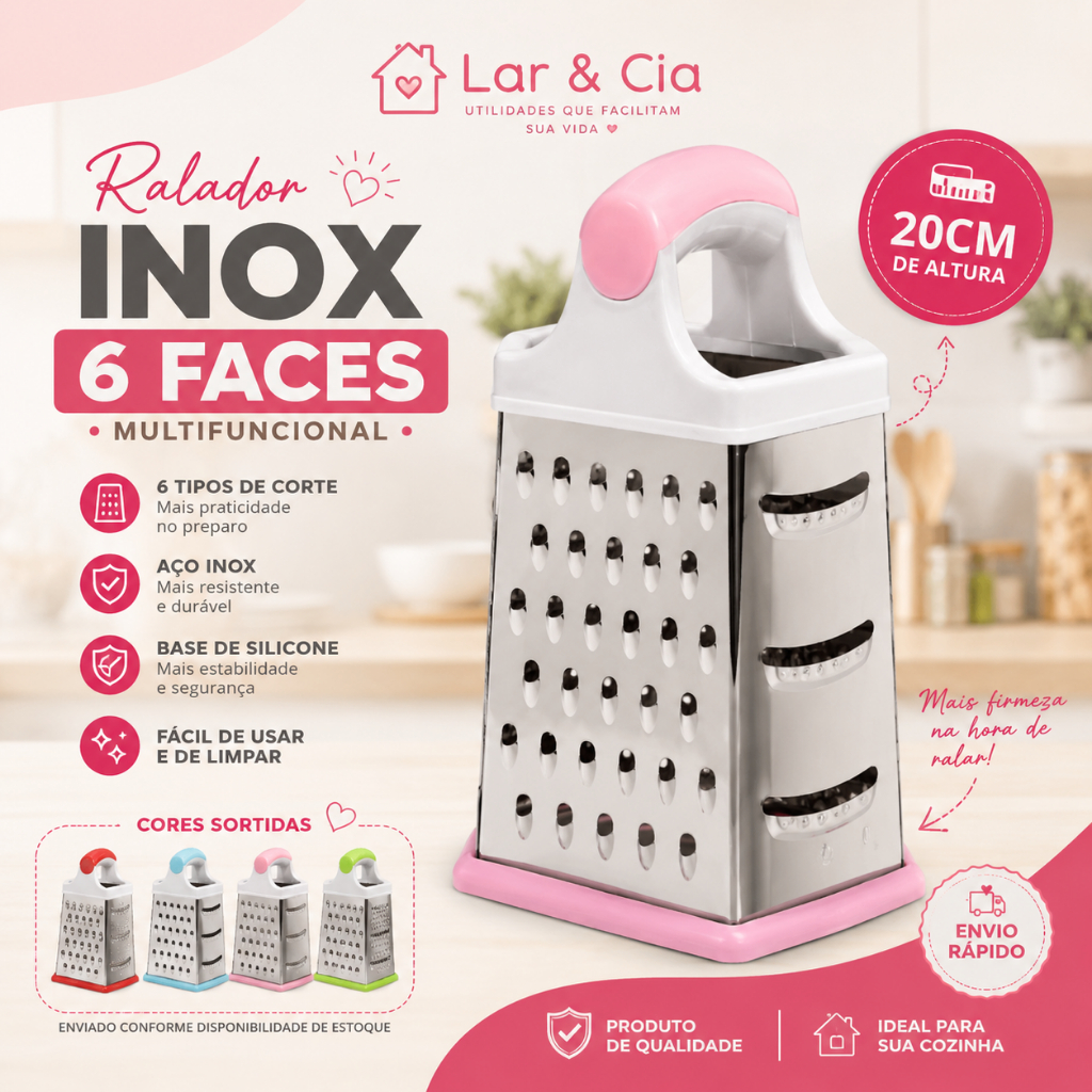 Ralador Inox 6 Faces 20cm Multifuncional com Base de Silicone Para Legumes, Queijos e Frutas