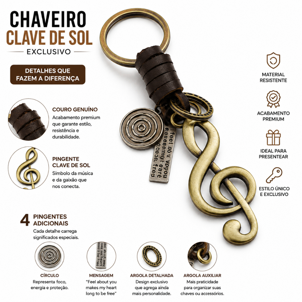 Chaveiro Musical Clave de Sol estilo Vintage em Metal e Couro + 4 pingentes