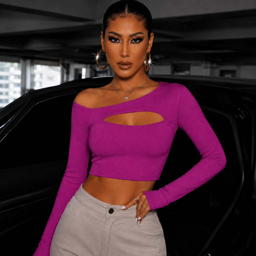 Blusa Feminina Cropped Decote Frontal Vazado Manga Longa Versátil Confortável Tendência Blogueira