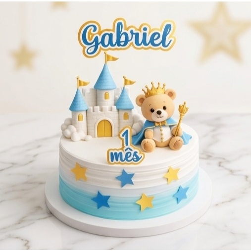 Topo de Bolo Ursinho Príncipe Personalizado com Nome e Idade | Topper para Mesversário e Aniversário  | Envio Imediato