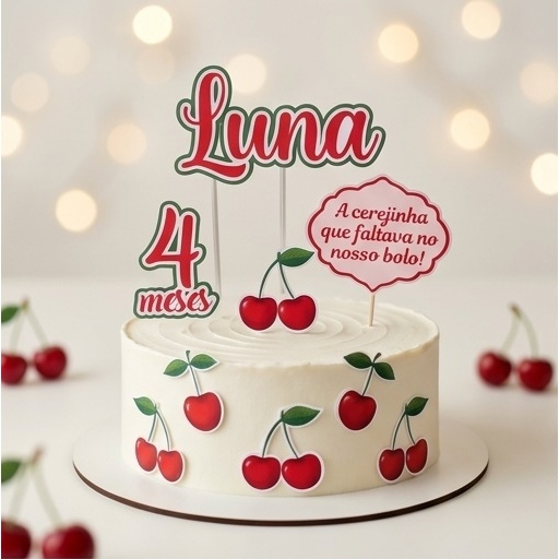Topo de Bolo Cerejinha Personalizado com Nome e Idade | Topper para Aniversário e Mesversário | Envio Imediato