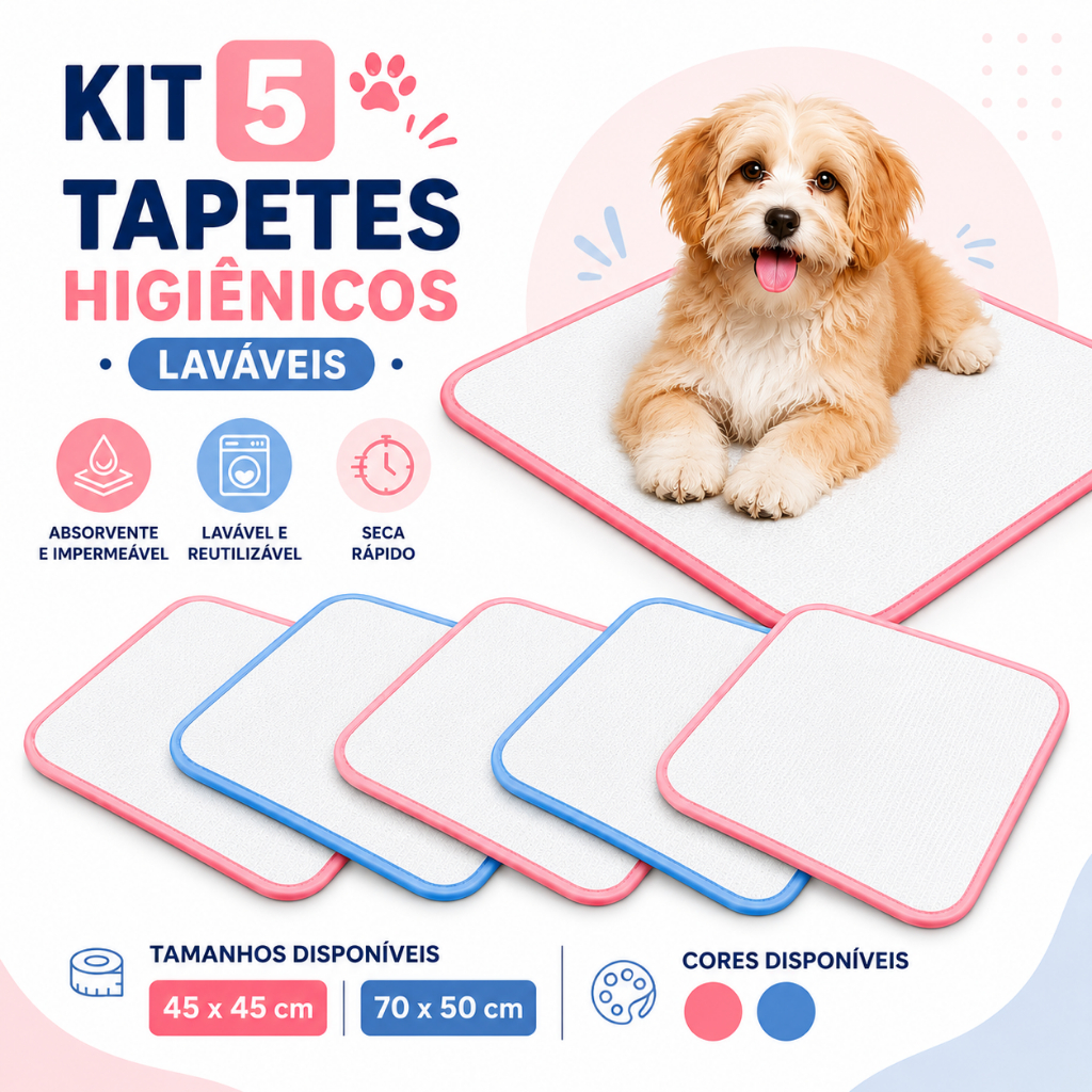 Kit 5 Tapetes Higiênicos Laváveis para Cachorro Pet Reutilizável Absorvente 45x45 ou 70x50
