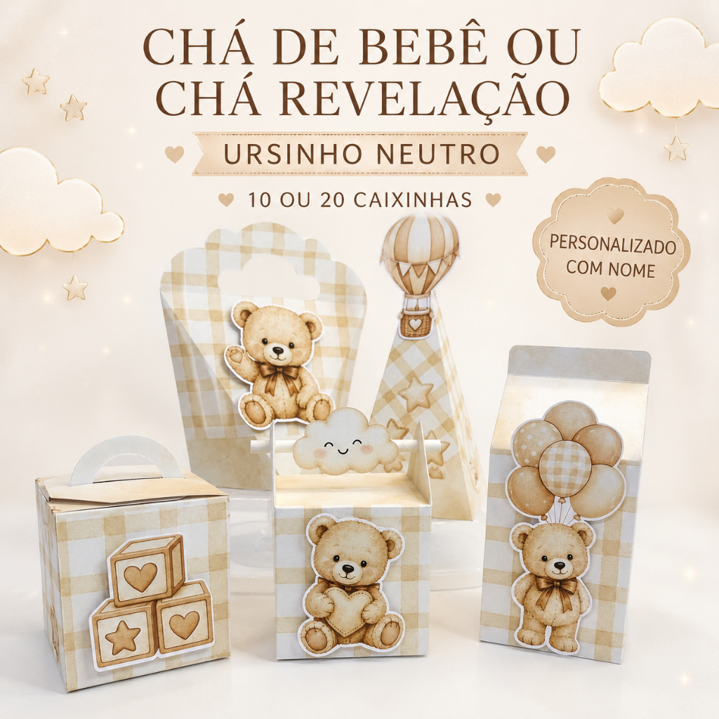 Kit Chá de Bebê ou Chá Revelação Ursinho Neutro | 10 ou 20 Caixinhas Personalizadas Lembrancinhas Chá de Fraldas Bege