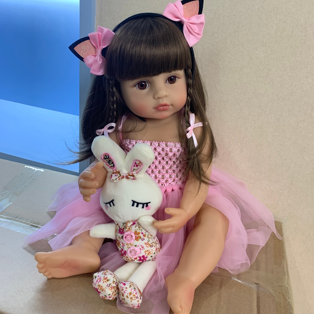 BRASTOY Bebê Reborn Silicone Realista 55cm Menina Rosa Princesa Olho Castanho