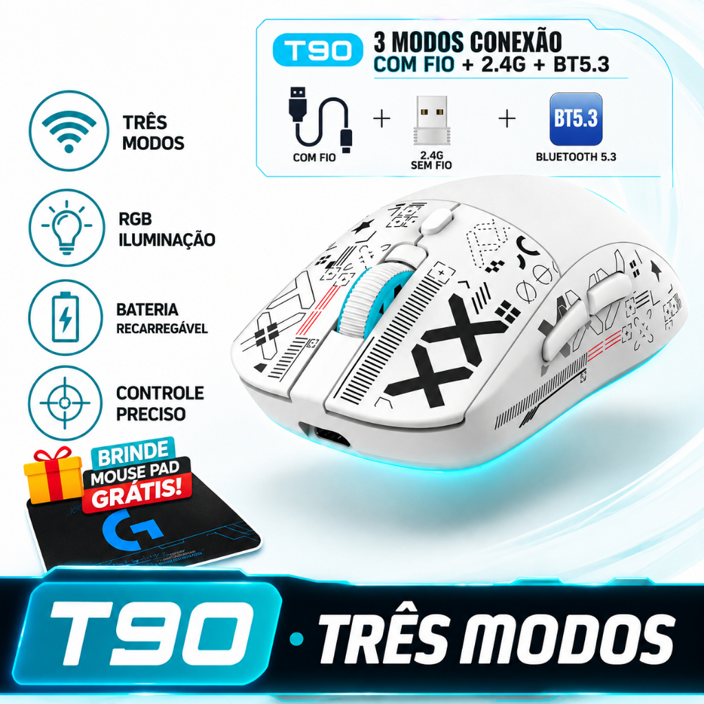 Mouse Gamer T90 Sem Fio Bluetooth 5.3 2.4G RGB Recarregável 3600 DPI USB Ergonômico com Mouse Pad para PC Notebook