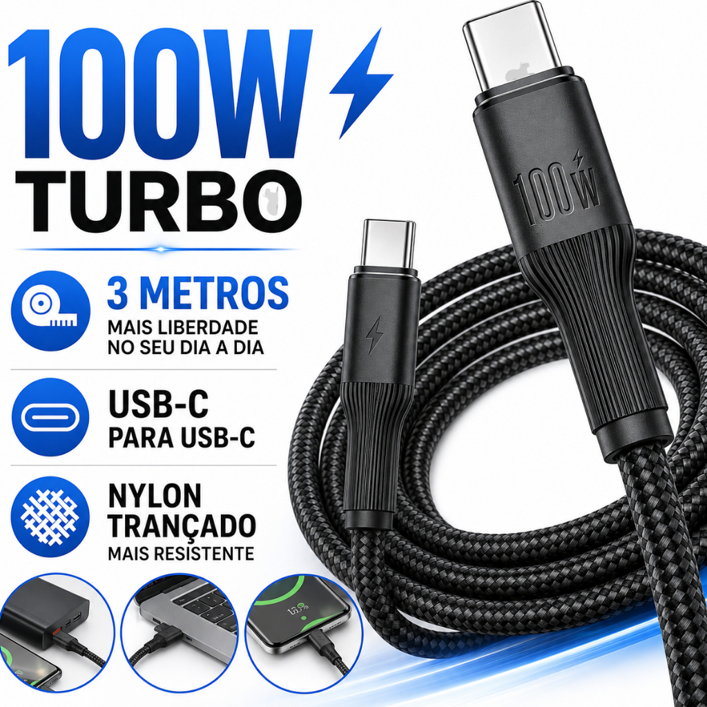 Cabo USB Tipo-C x Tipo-C 100W Turbo 3 Metros Reforçado – Durável, Rápido, Compatibilidade universal
