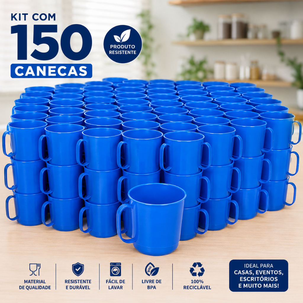 Kit 150 Canecas 300ml Com Alça Escolar Plástico Cor Azul Copo Suco Refrigerante Água