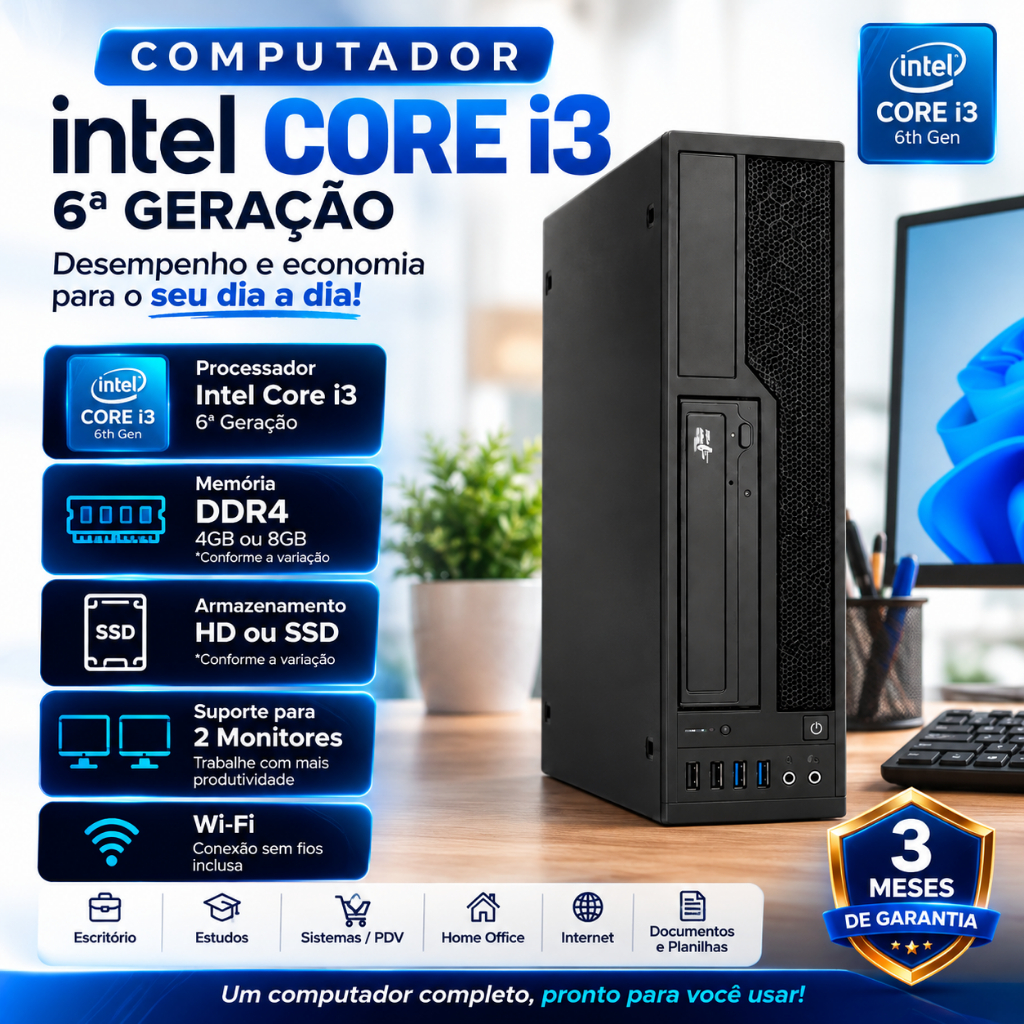 Computador PC Intel Core i3 6ª Geração 4GB 8GB DDR4 SSD Windows Office - Dual Monitor - WiFi