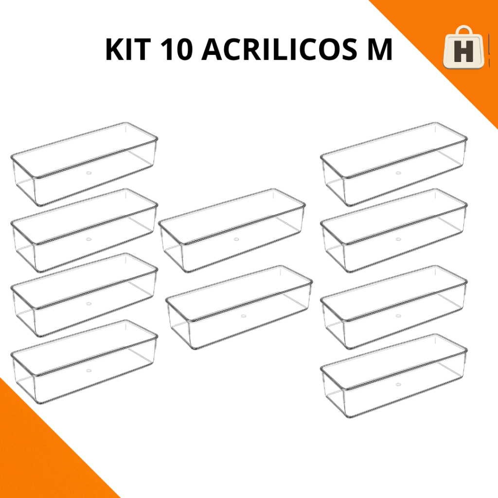 Kit 10 Organizador Modular Médio Multiuso Acrílico Cristal Cesto Gaveta Maquiagem Geladeira