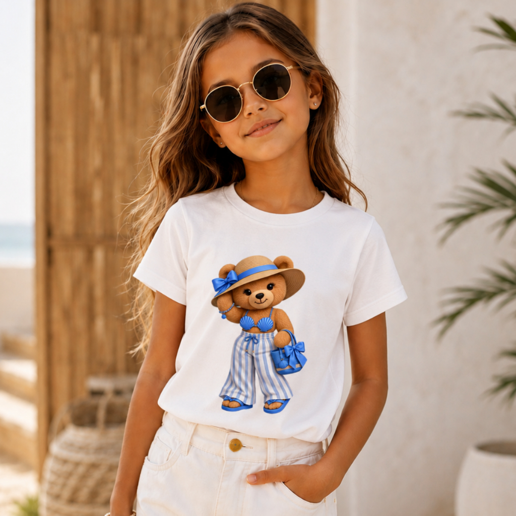 Blusinha Menina Infantil Camiseta Verão Estampa Ursinha Fashion Praiana T-Shirt Estampada Feminina Algodão Confortável