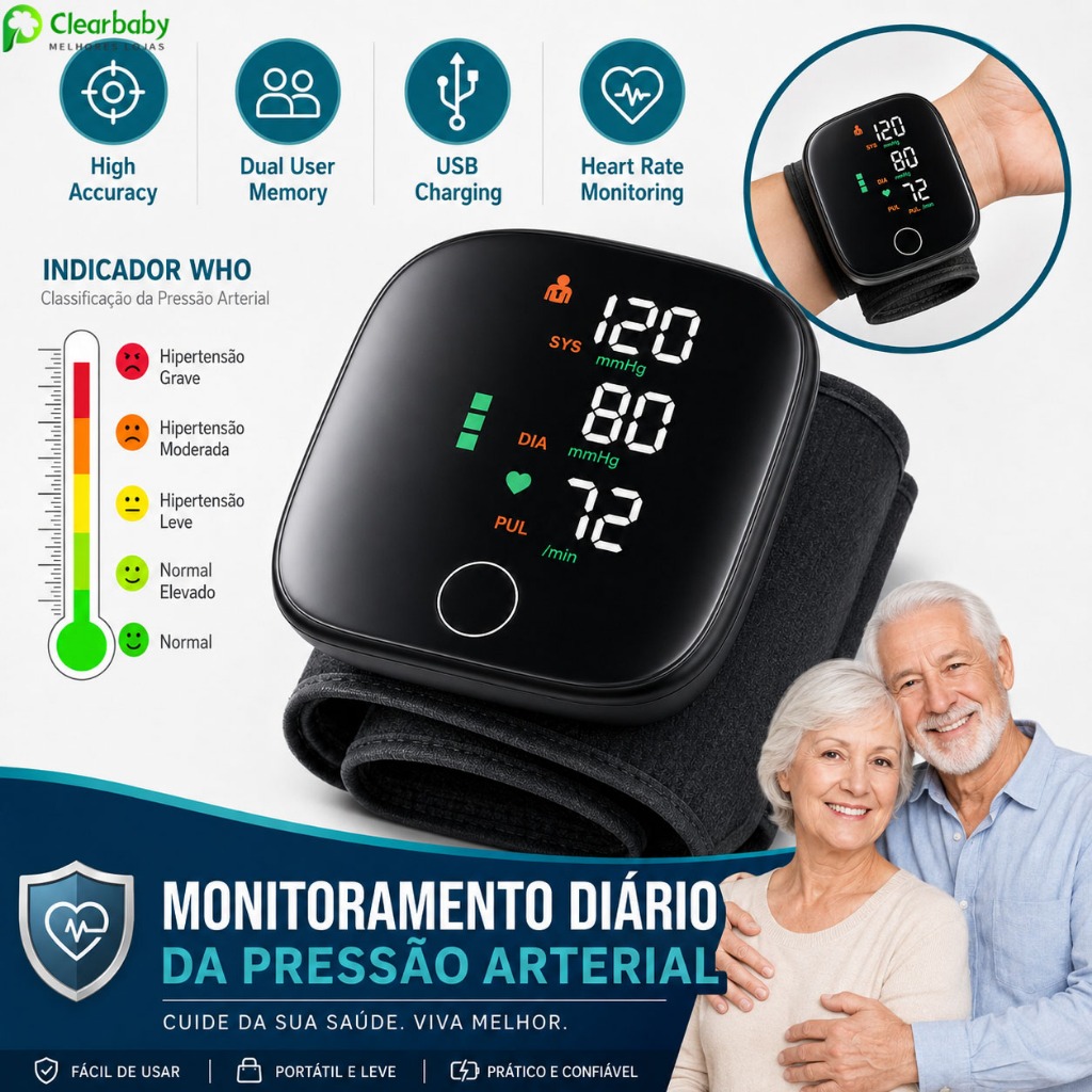 Monitor de Pulso Pressão Arterial Portátil Recarregável para Uso Diário