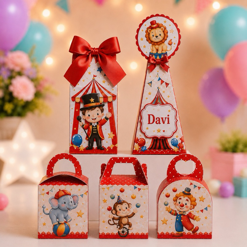 Caixinhas Personalizadas Circo Vermelho para lembrancinha de festa, aniversário, mesversario.