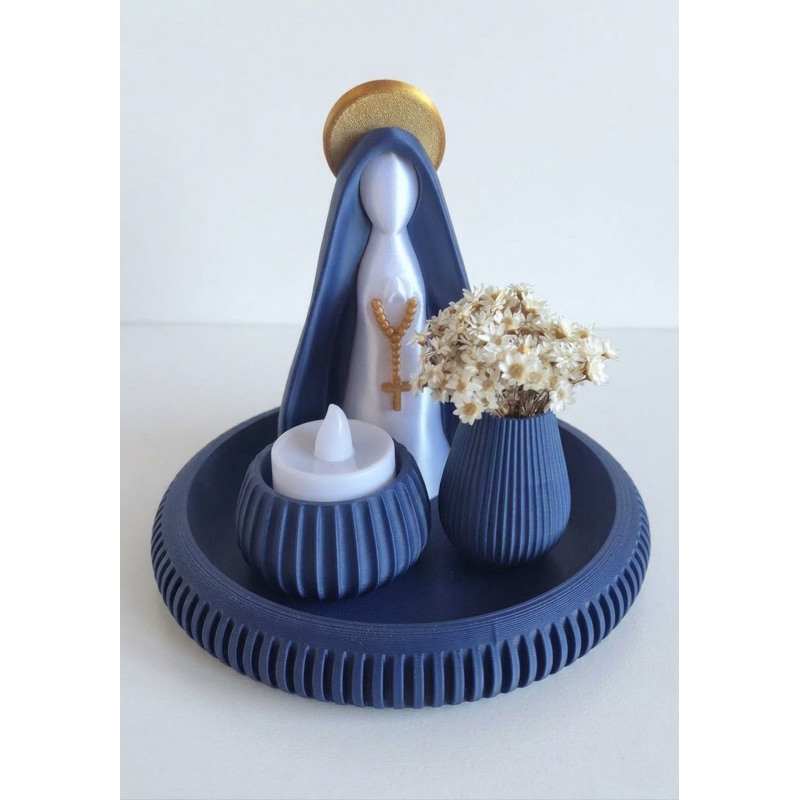 Nossa Senhora Aparecida Decorativa Imagem Minimalista + Bandeja, Porta Vela LED e Vaso | Kit Religioso Decorativo