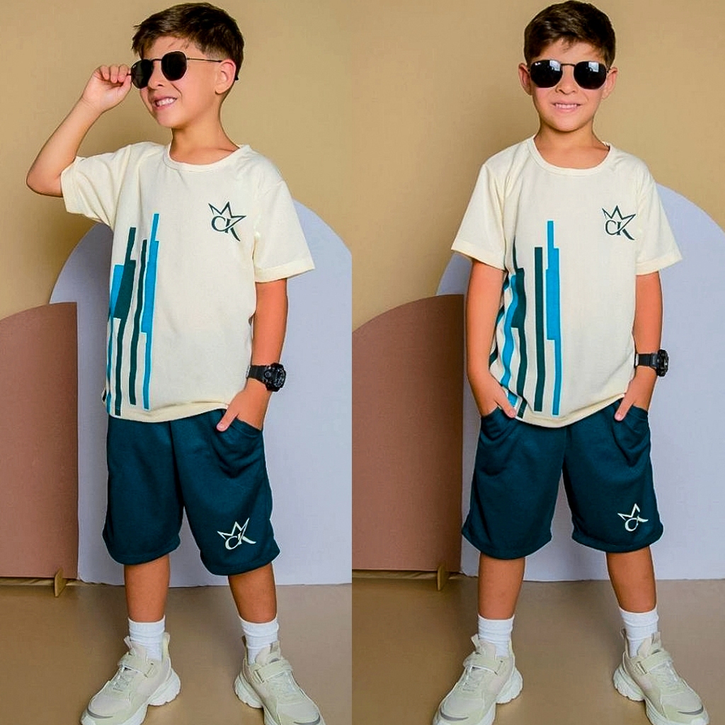 Conjunto Infantil Menino Juvenil Verão Estiloso bermuda e Camiseta Premium  Veste Do 2 até 12 anos