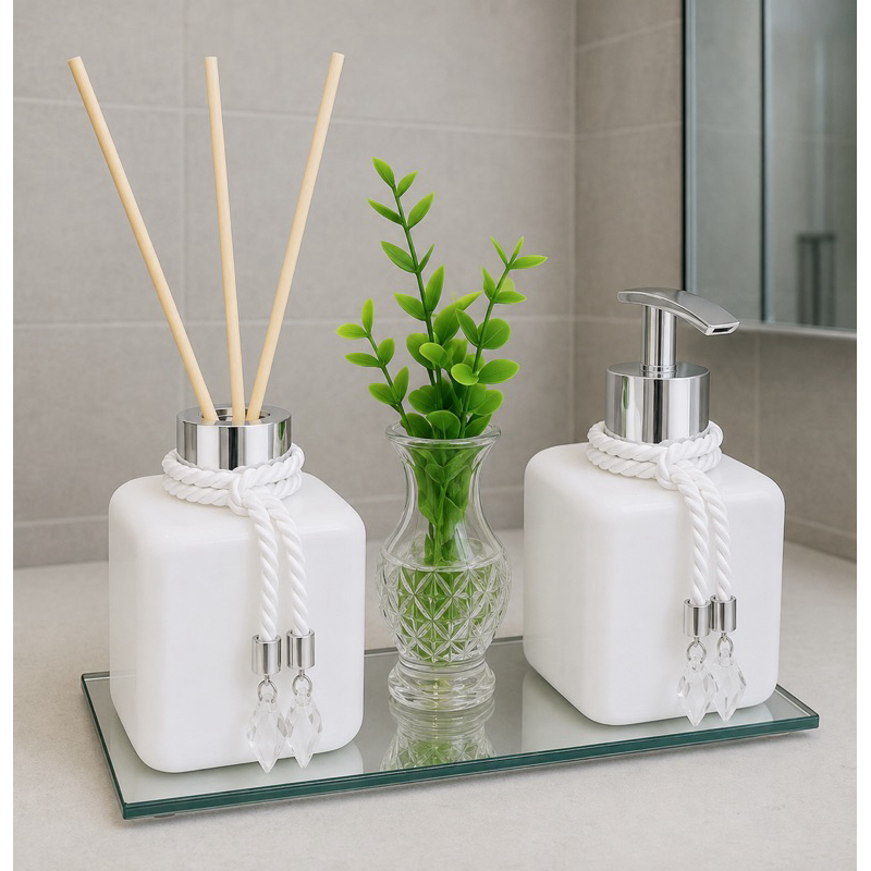 Kit Lavabo Pet Vasinho Válvula Saboneteira e Difusor de Varetas Bandeja
