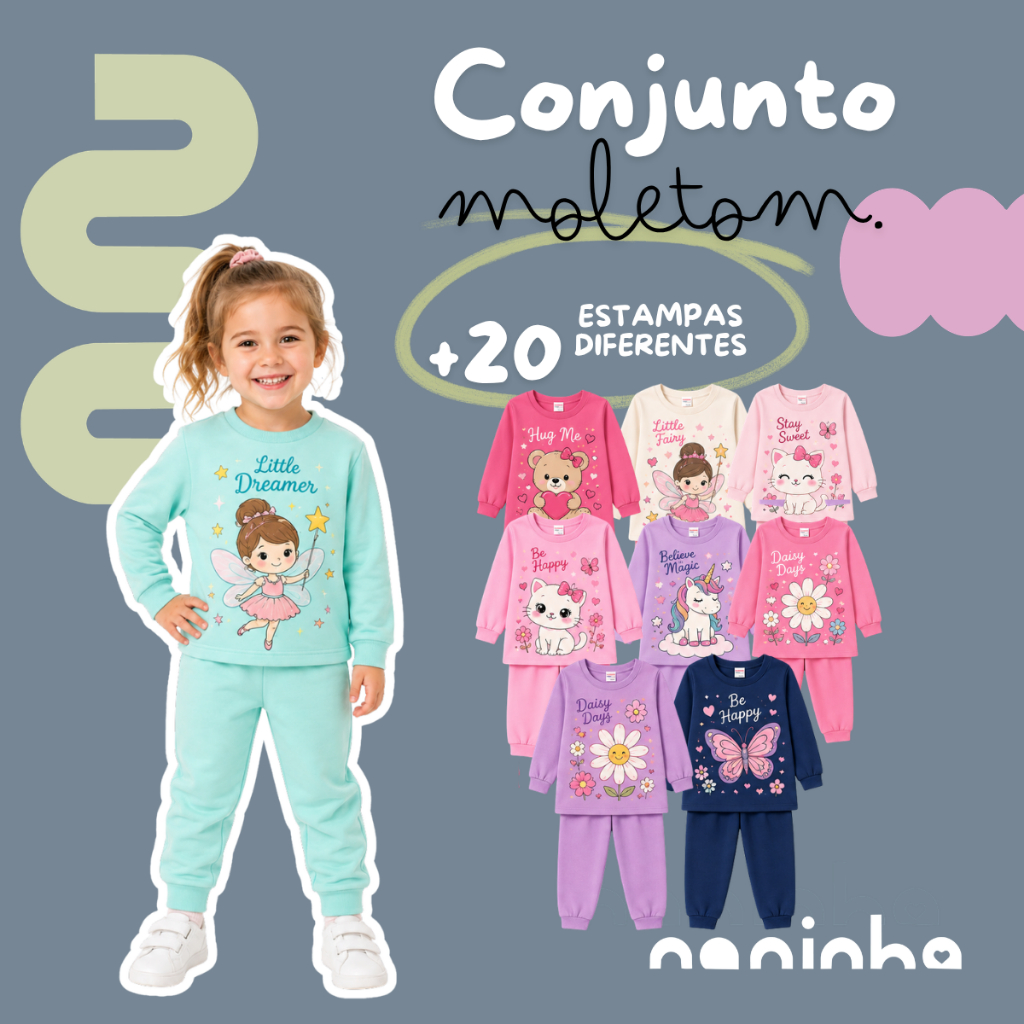 Kit 4 a 2 Peças Conjunto Infantil Sortido Inverno Menina Estampado Moletom Frio 1 a 8 anos