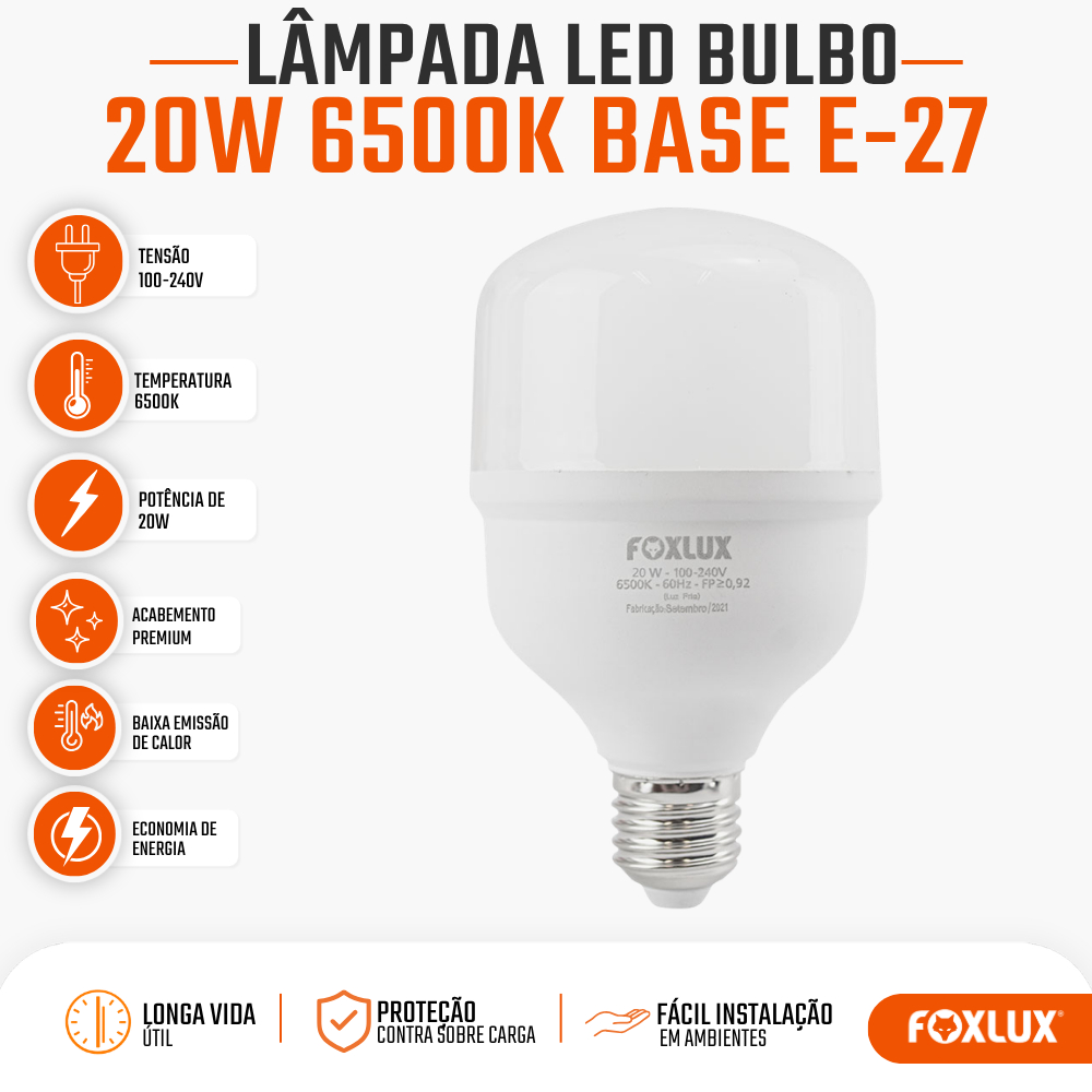 Lâmpada Led Alta Potência 20W Foxlux 6500K Branca Fria E-27