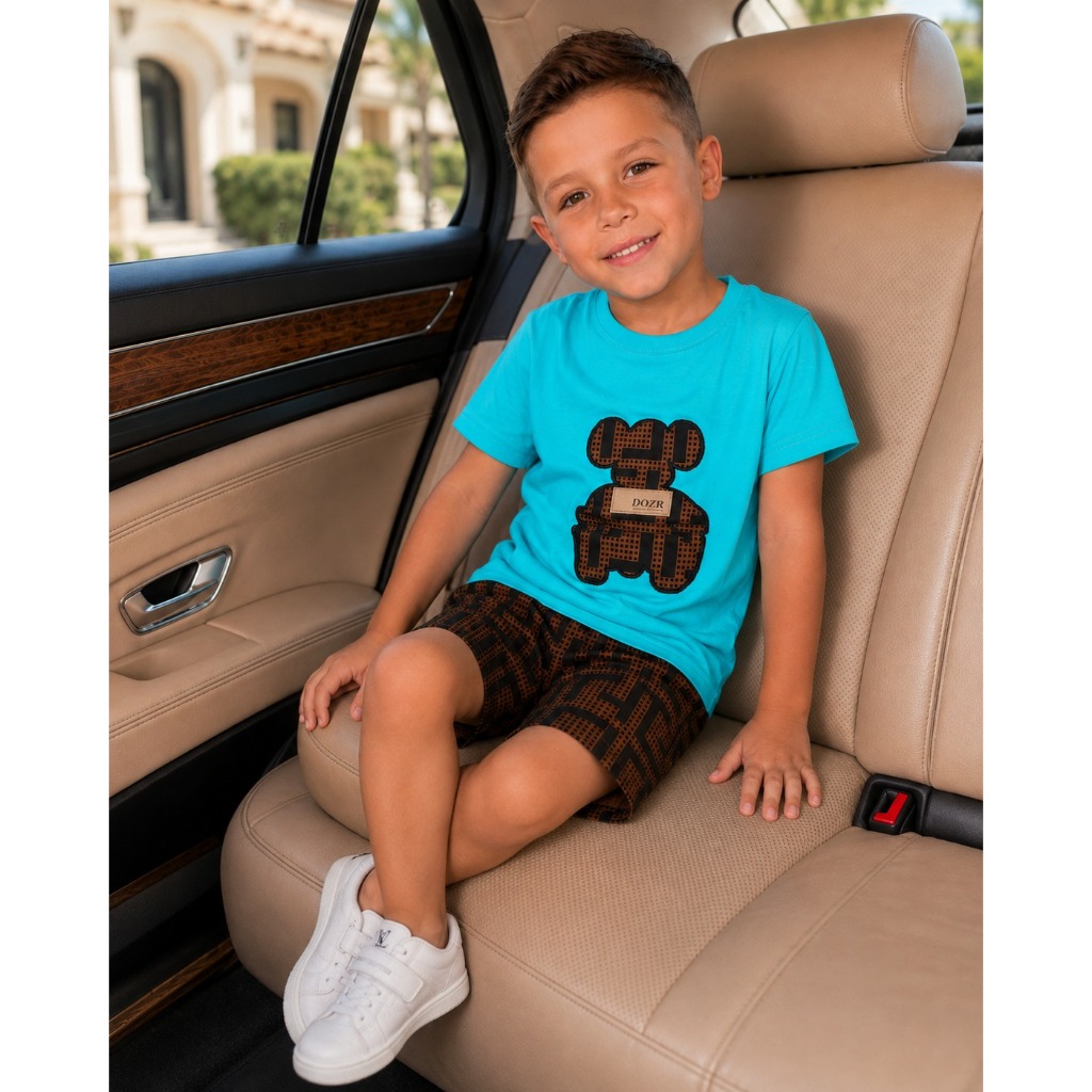Kit Conjunto Infantil Menino 2 Peças Camiseta Azul Turquesa + Short Estampado Ursinho | Look Moderno e Confortável