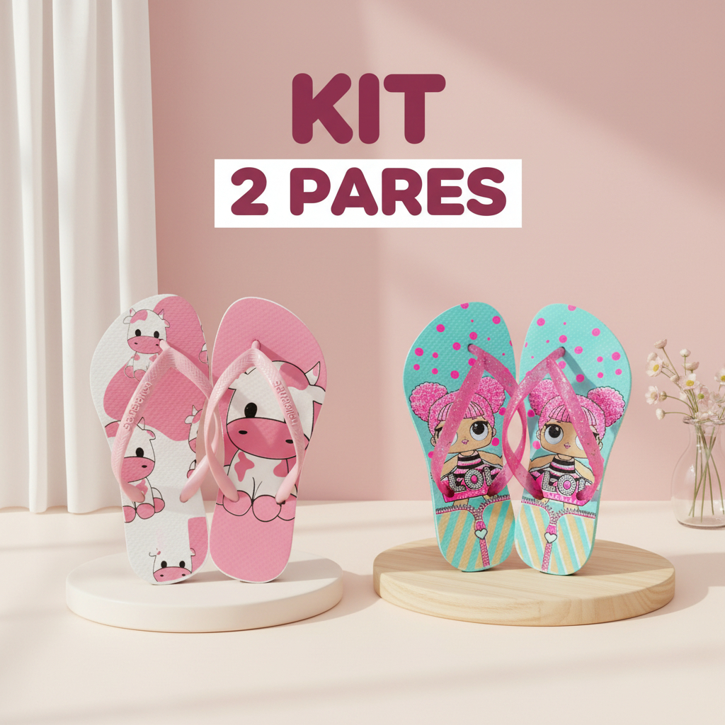 Kit 2 Pares Chinelo Infantil Feminino Borracha Antiderrapante Confortável Resistente Estampado Menina