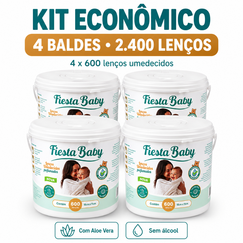 Kit 4 Baldes Lenços Umedecidos Fiesta Baby 600 Un Cada 2400 Lenços Com Aloe Vera Sem Álcool