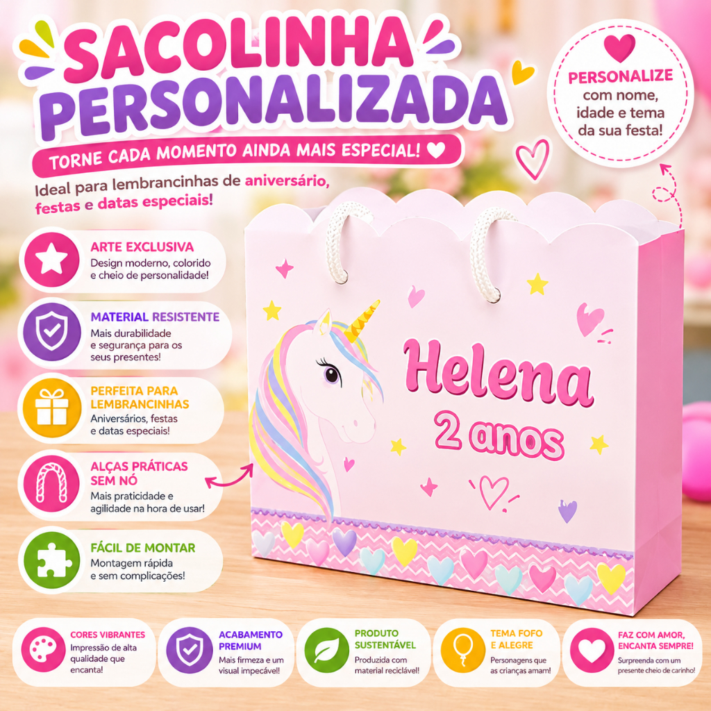 Sacolinha Personalizada Unicórnio para Lembrancinhas | Festa Infantil