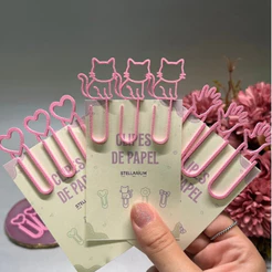 Kit de até 40 Clipes Decorativos Rosa Chiclete – Marcador de Página Gatinho e Coração para Caderno, Agenda e Planner