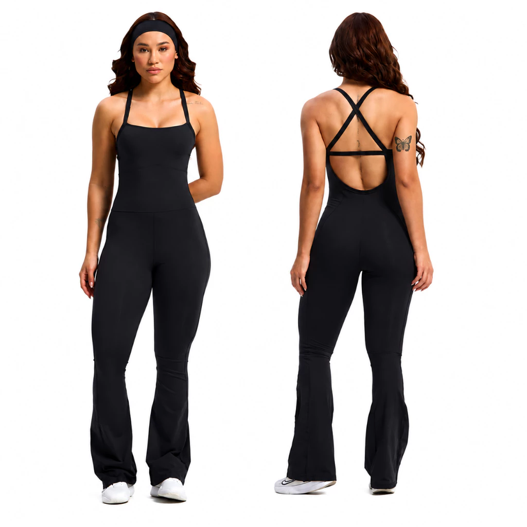 Macacão Feminino Fitness Flare Preto com Alças Cruzadas nas Costas Academia e Casual — imagem 1
