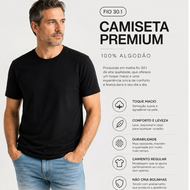 Camiseta Masculina T-Shirt Básica 100% Algodão 30.1 Lisa Casual Confortável