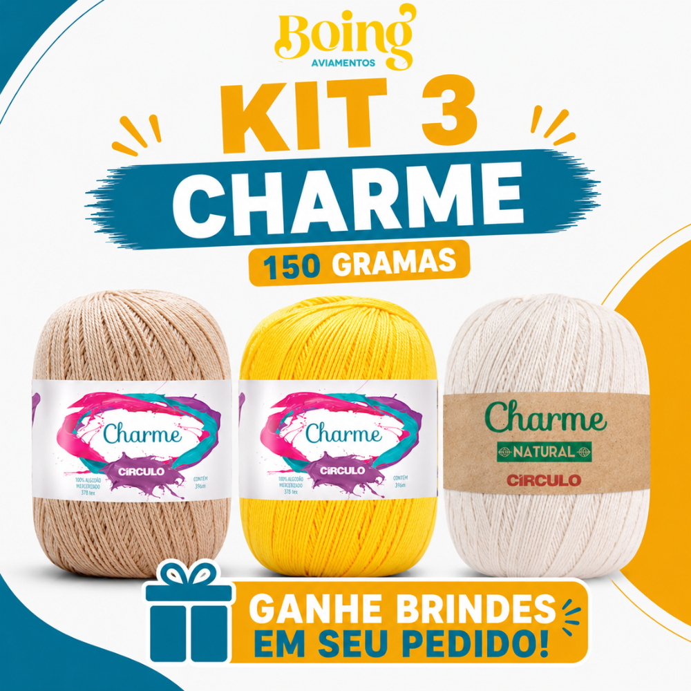 Kit 3 Novelos Linha Fio Charme Circulo 396m 150g - Crochê / Tricô + Agulha 9cm e Marcador Coração