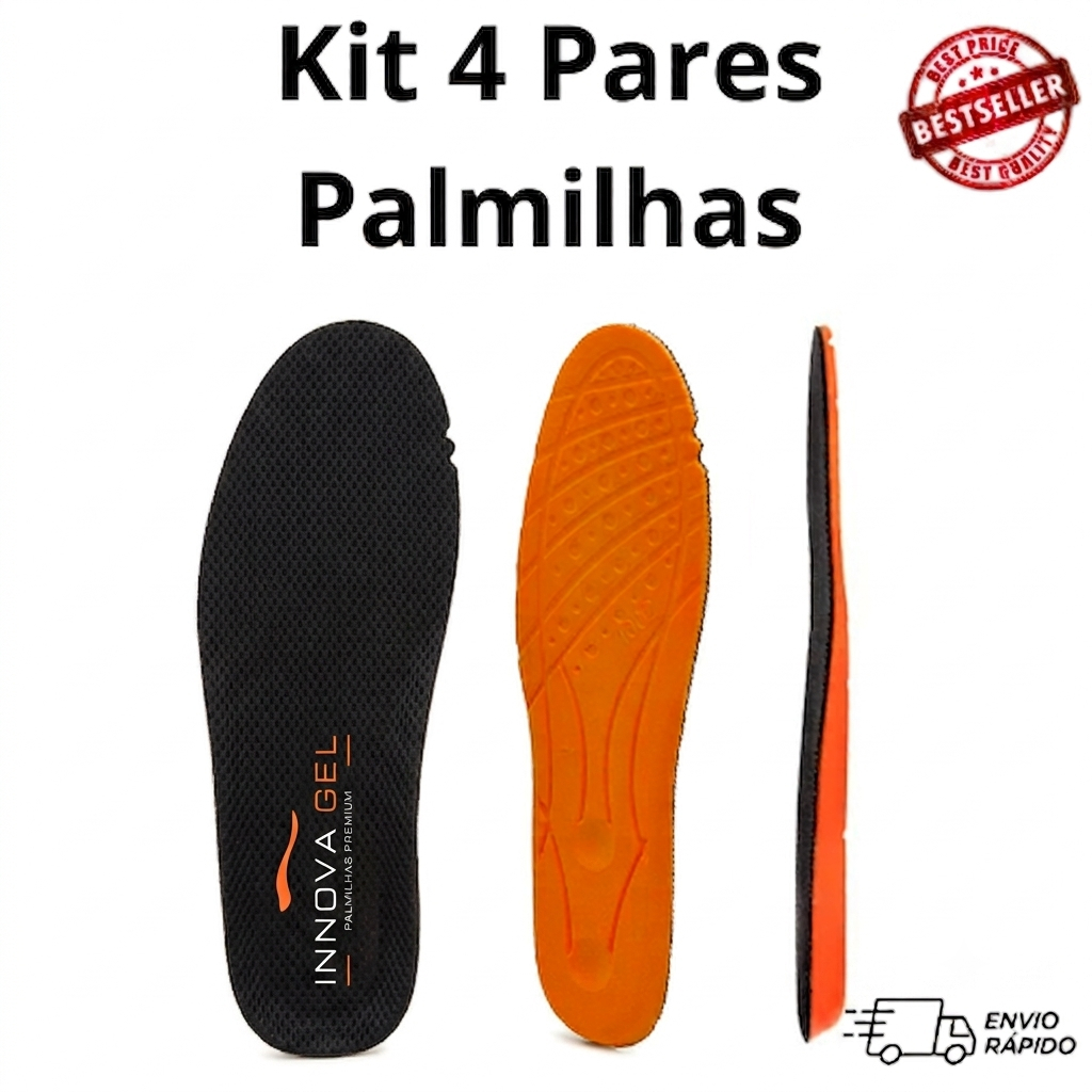 Kit 4 Pares de Palmilha Fina Macia Ortopédica Anatômica Em Gel PU para Tênis e Botas Confortável