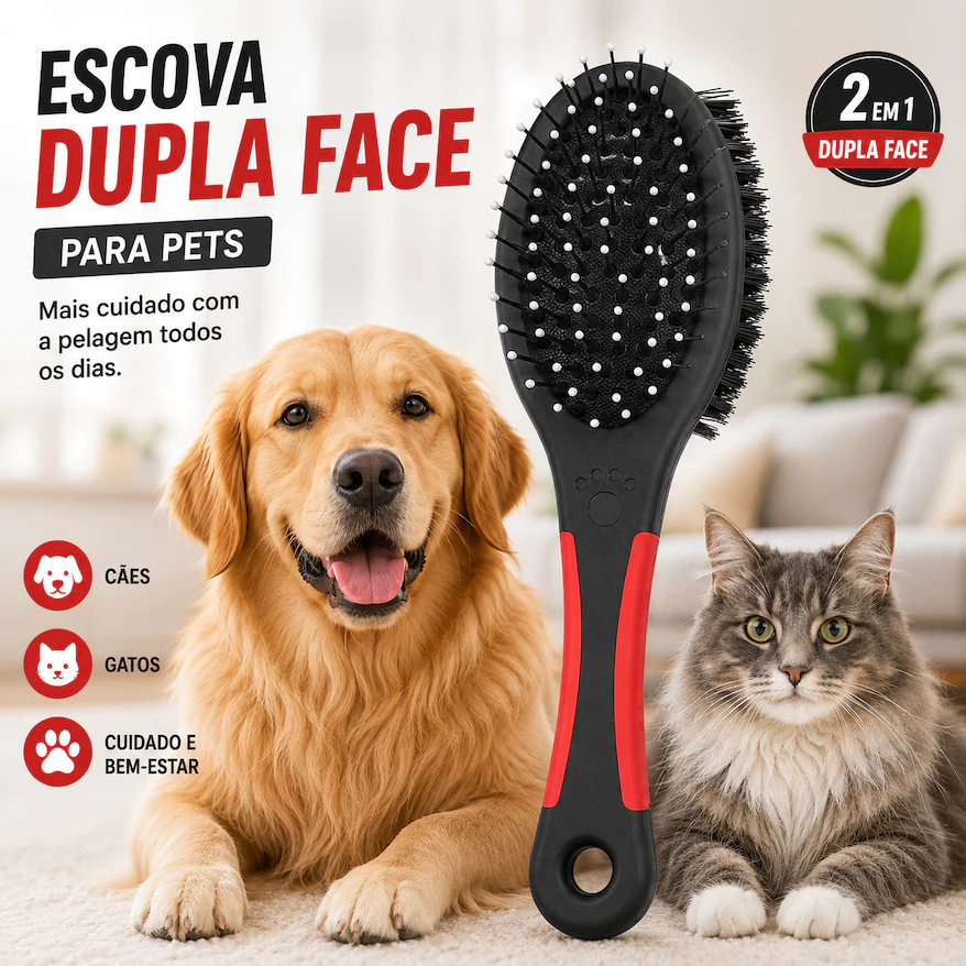 Escova Pet Dupla Face 21cm Preta Remove Pelos Cachorro e Gato
