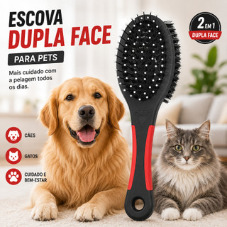 Escova Pet Dupla Face 21cm Preta Remove Pelos Cachorro e Gato