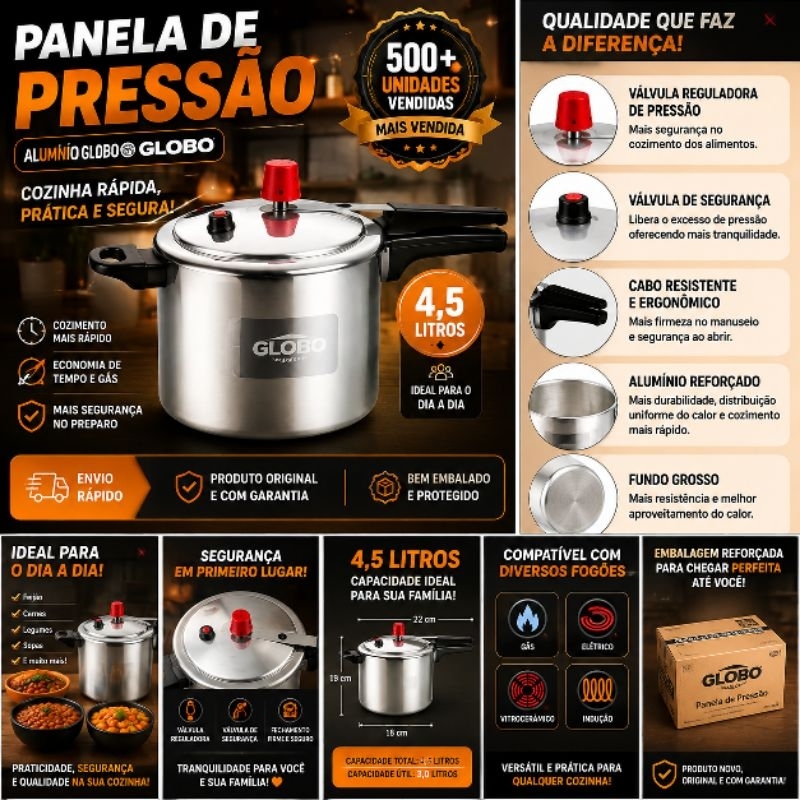 Panela de Pressão 4,5 Litros Alumínio Globo | Cozinha Rápida e Prática