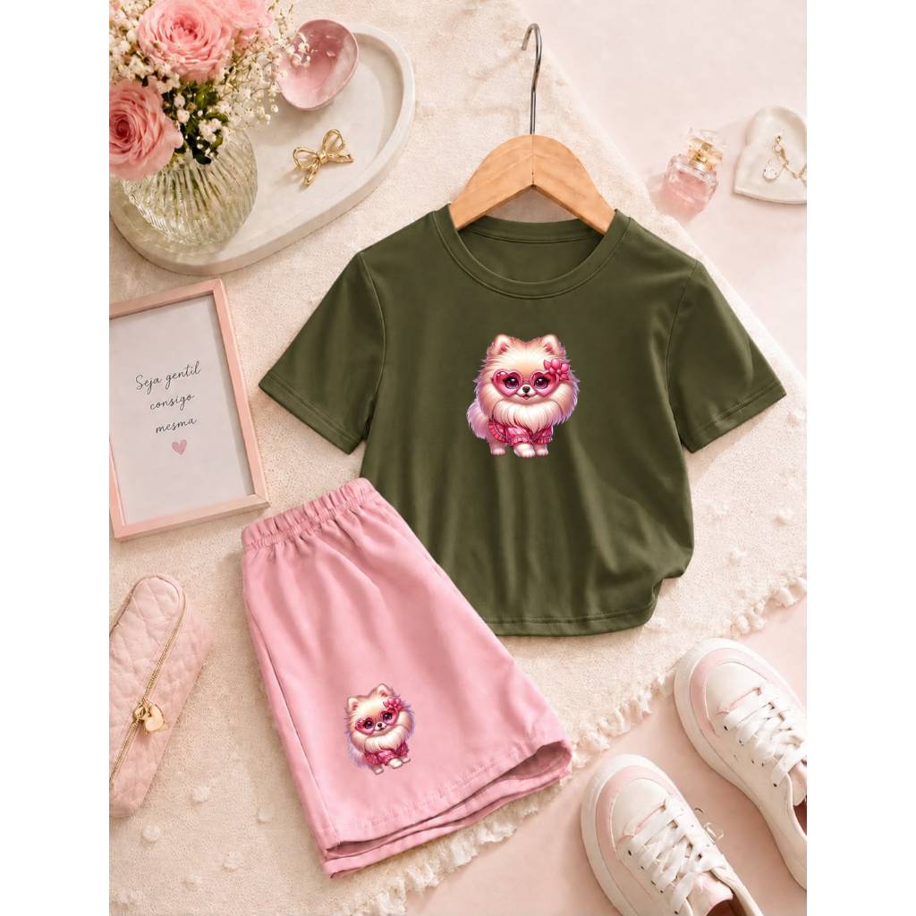 Conjunto Infantil Feminino Camiseta Básica e Short Moletom Confortável, Estiloso e Perfeito para Menina Cachorrinha Fofa