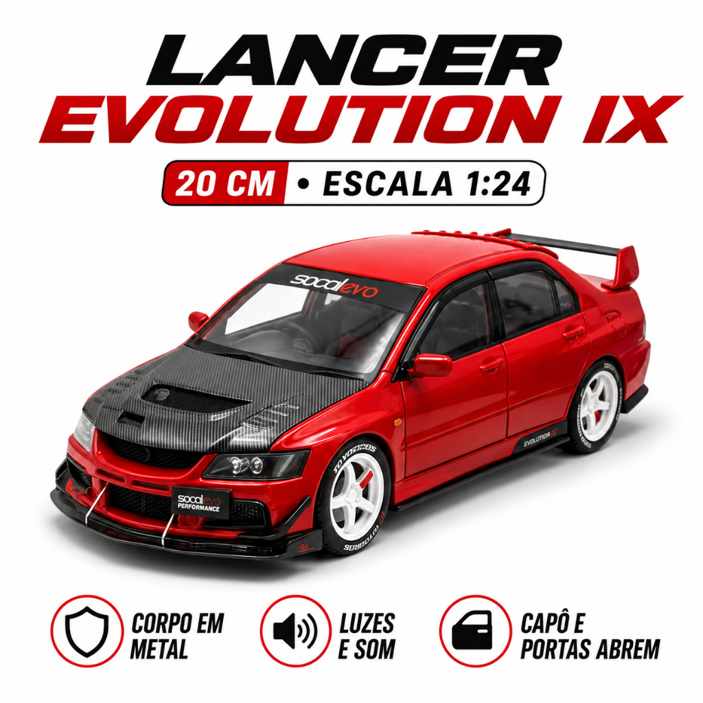 Miniatura Lancer Evolution Ix de ferro Escala 1:24 com Led e Som Brinquedo 20cm 3 Cores