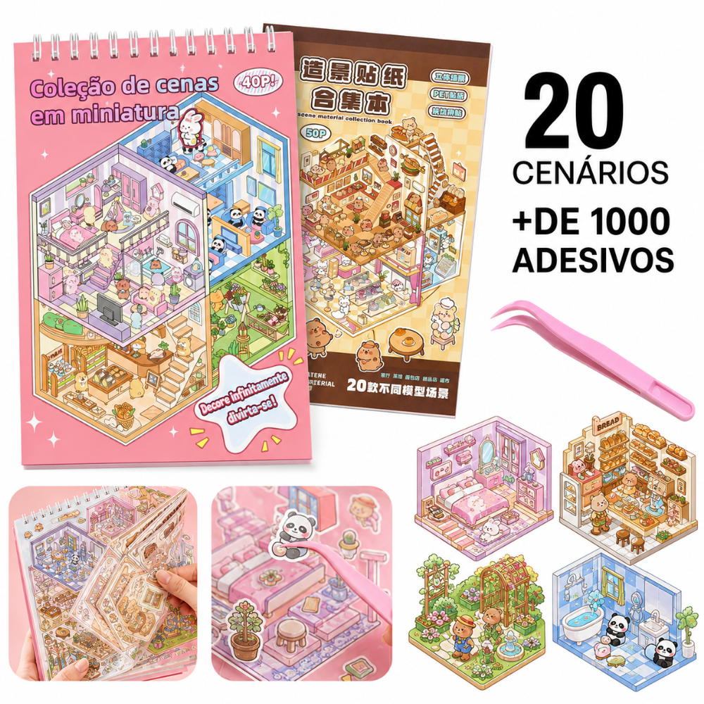 Kit 2 Cadernos Adesivos 3D 20 Cenários 2000 Mini Mundo Capivara DIY com Pinça Livro Infantil Criativo Caderno Brinquedo
