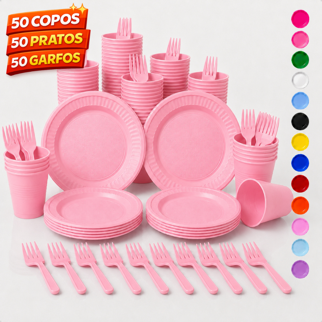 Kit Festa Aniversário Descartável 150 Peças para 50 Pessoas Pratos Copos Garfos Sobremesa