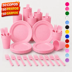 Kit Festa Descartável 150 Peças para 50 Pessoas Pratos Copos e Garfos