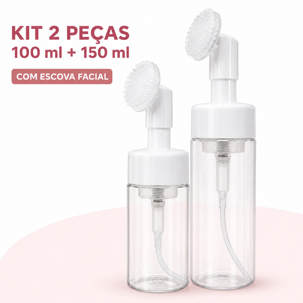 Kit 2 Frascos Espumadores com Escova Facial de Silicone 100ml e 150ml para Sabonete Líquido