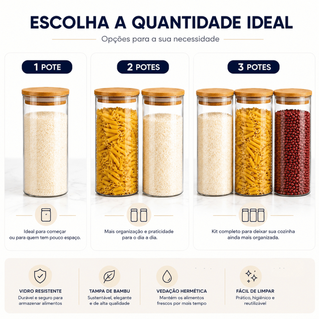 Kit de Potes Vidro Hermético 1800ml Tampa Bambu Transparente Mantimentos Organizador Cozinha