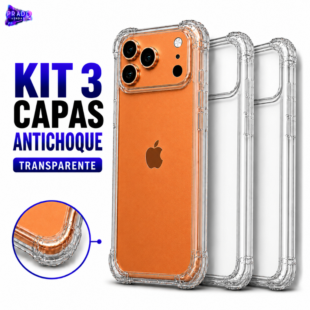 Kit 3 Capas Transparente Antichoque TPU Cantos Reforçados iPhone 11 12 13 14 15 