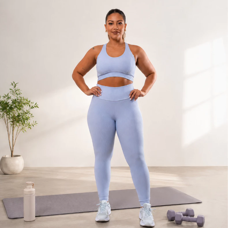 Conjunto Feminino Fitness Plus SIze Canelado Zero transparência Cós Alto Top Legging Academia — imagem 1