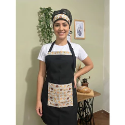Kit Avental e Touca estampado de tecido Feminina para cozinha e cafeteria/Coffe