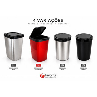 Lixeira Cesto 09 Litros 10 Litros Inox Com Tampa Click Label Banheiro Cozinha Redonda Retangular TOY