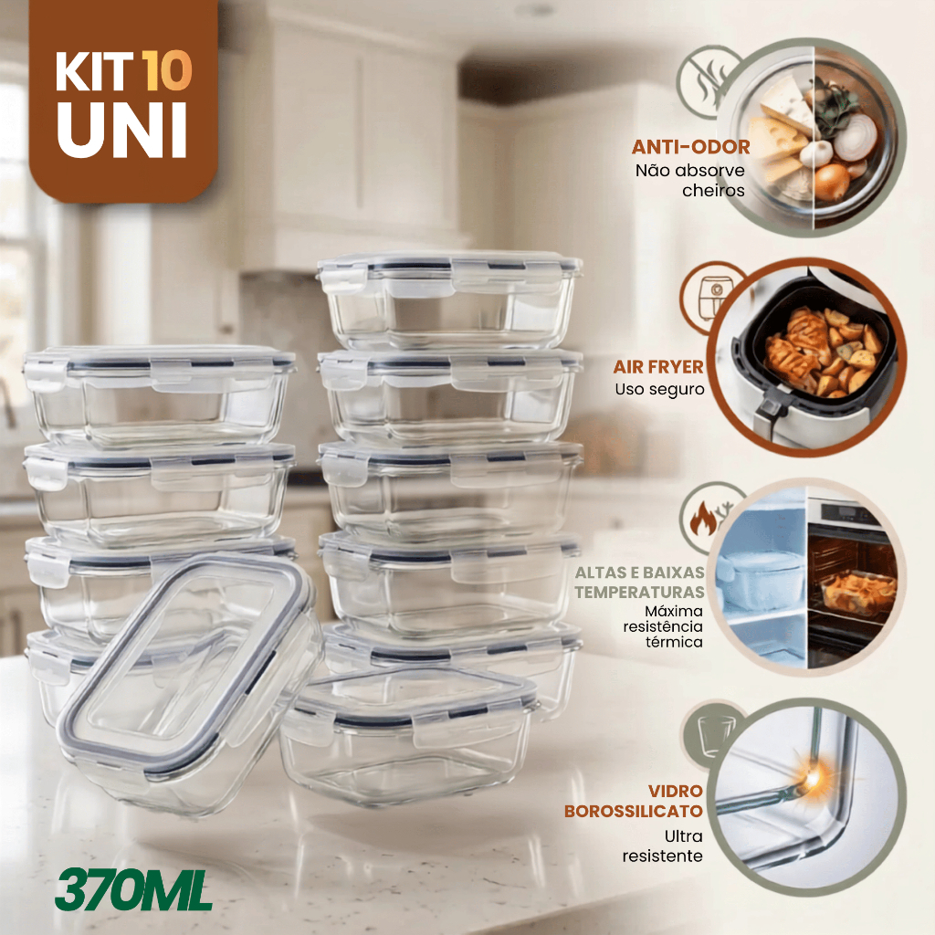 Conjunto 10 Potes Vidro Hermético Mantimentos Marmita 370ml