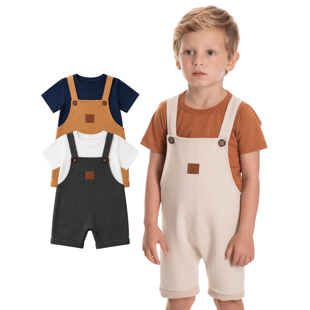 Conjunto Infantil Masculino Camiseta Meia Malha Jardineira Moletinho Ecológico Botões Detalhe Urso