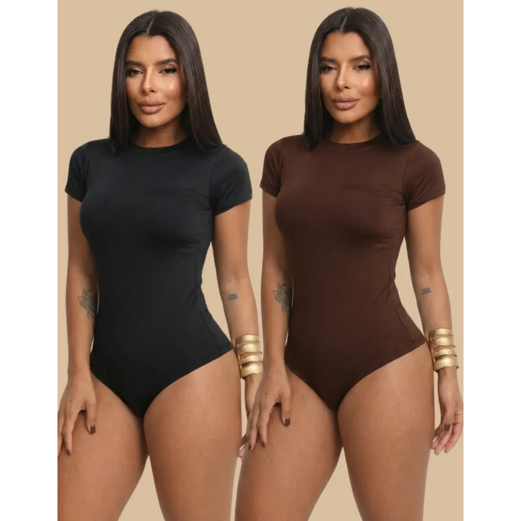 Kit 2 Body Feminino Manga Curta Básico Golinha Careca Suplex Casual Modelador Com collant Bori Tendencia