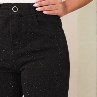 Calça Jeans Preta STRASS Wide Leg Pantalona Cintura Alta Brilho Moda Blogueira