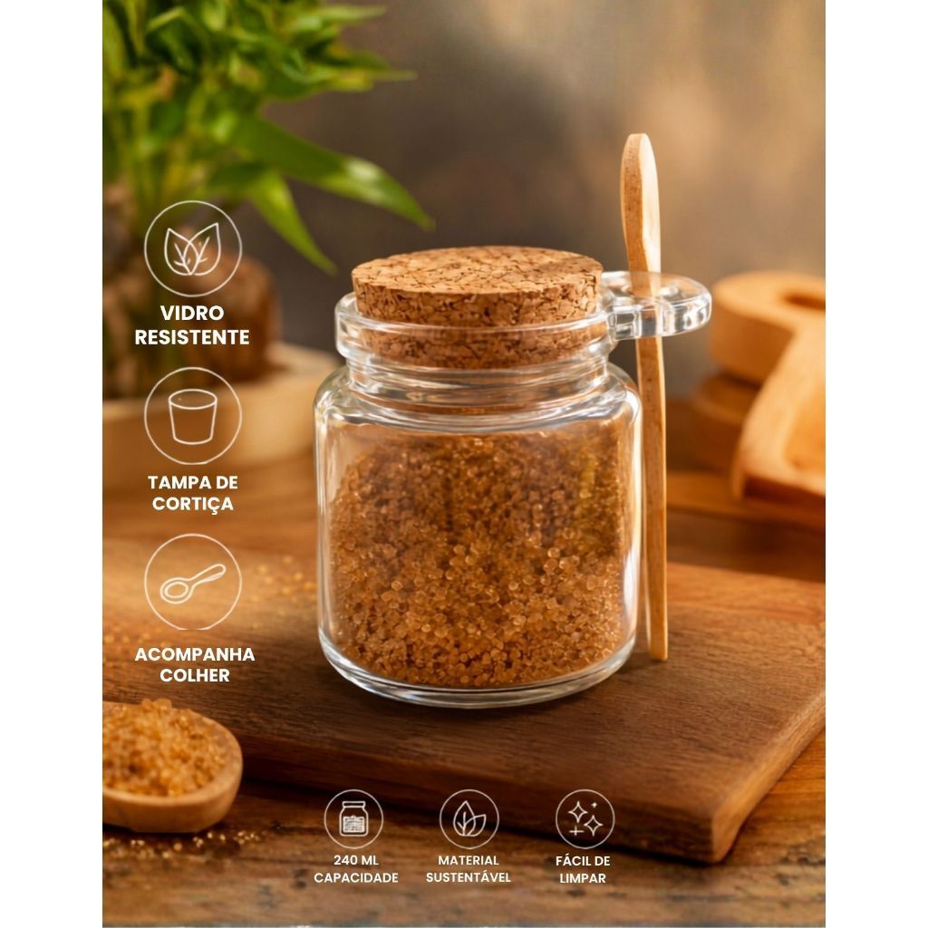 Pote De Vidro Com Colher De Bambu E Tampa Rolha Cortica Saleiro Tempero